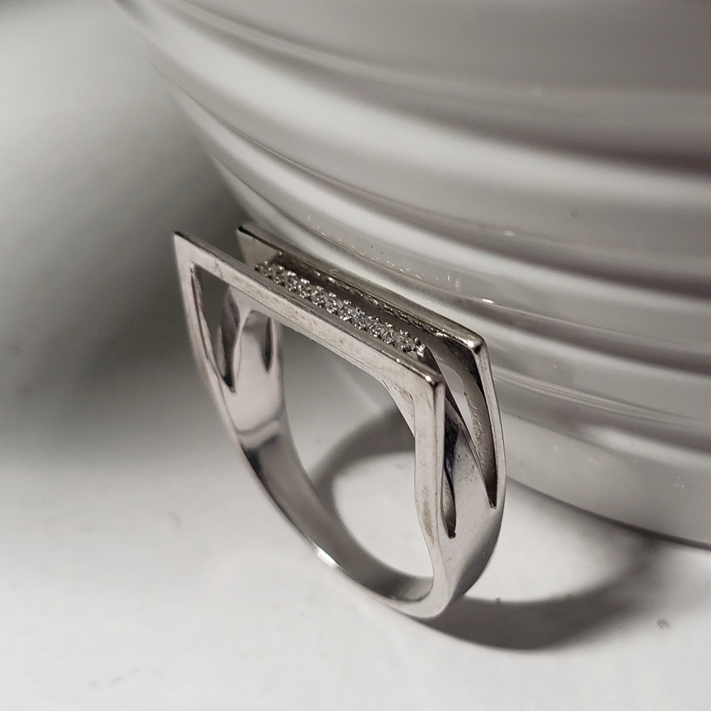 Sterling Silver Ring Two Rows Diamond Encrusted Unique Style Boho Bling Women